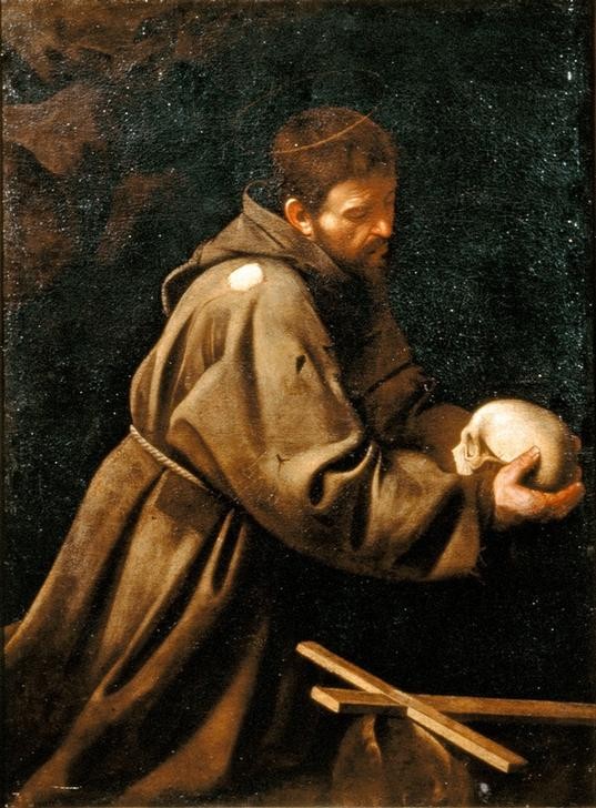 Caravaggio, Der Heilige Franz von Assisi in Meditation (Meditation, Schädel, Kreuz, Einsamkeit, Christentum, Franziskaner, Gebet, Mönch, Barock, hell-dunkel, Klassiker, Malerei, Wunschgröße, Wohnzimmer)