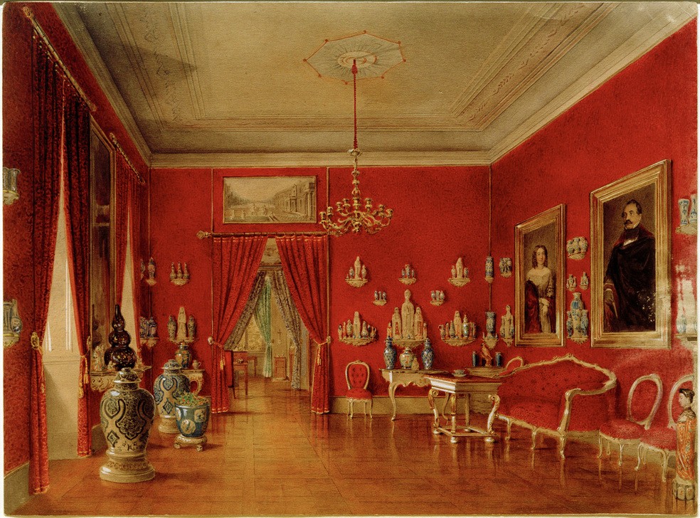Anonym Unbekannt, Chinesisches Porzellankabinett  (Saal, Austellungsraum, Porzellan, Antiquitäten, historisch, Vasen, Figuren, Klassische Moderne, Wunschgröße, Wohnzimmer)