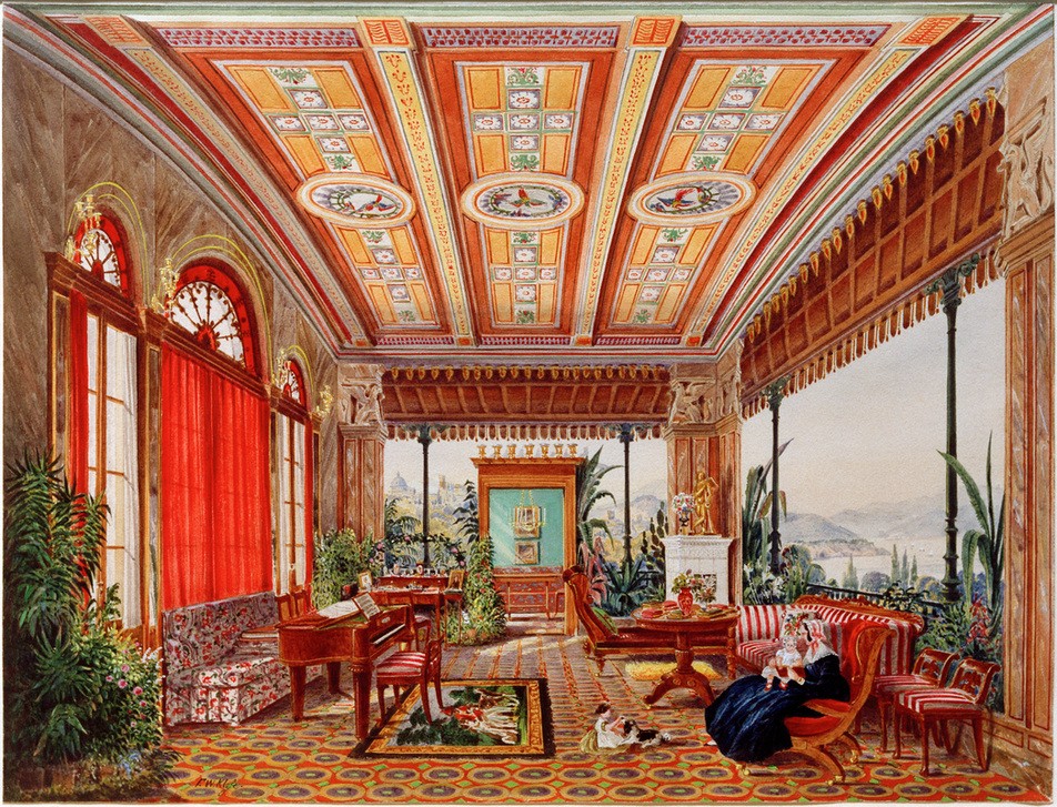 Friedrich Wilhelm Klose, Innenraum eines Hauses (Raum, Innenraum, Interieur, Salon, Villa, Nostalgie, Idylle, Wunschgröße, Wohnzimmer, Malerei, Klassiker, bunt)