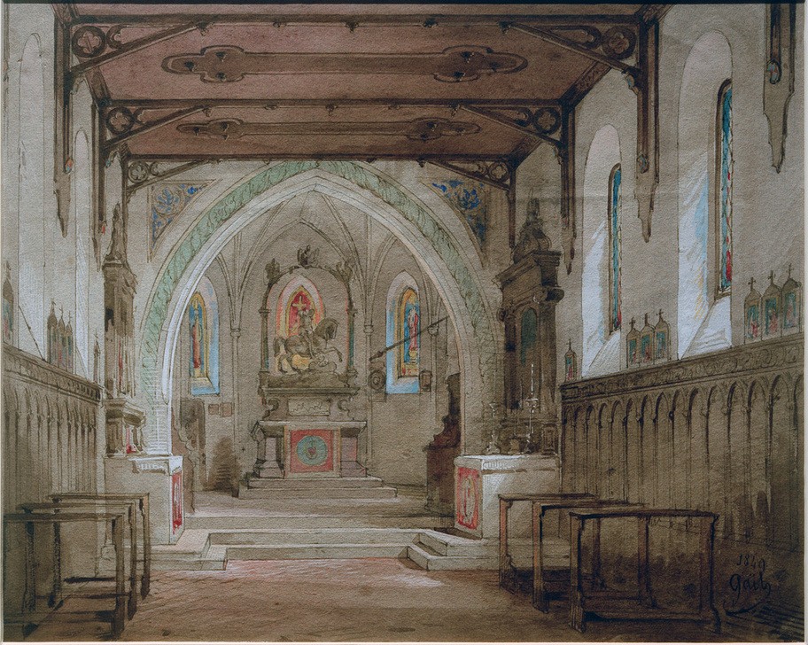Wilhelm Gail, Weinbergkapelle zu Schliersee  (St. Georg, Bayern, Gebäude, Gotik/Frühbarock, Architektur, Architekturmalerei, Interieur, Kirche, Kapelle, Wunschgröße, Klassiker, Wohnzimmer)