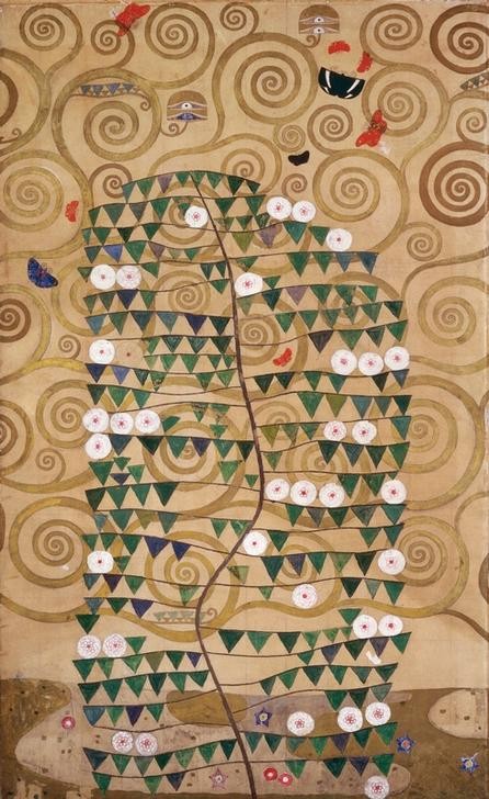 Gustav Klimt, Der Lebensbaum (rechter äußerer Teil mit blühendem Strauch)  (Klassische Moderne,dekorativ, Jugendstil, Japonismus, Lebensbaum, Baum, Ornamente, geometrische Formen, bunt, Wohnzimmer, Treppenhaus, Schlafzimmer, Wunschgröße, Malerei)