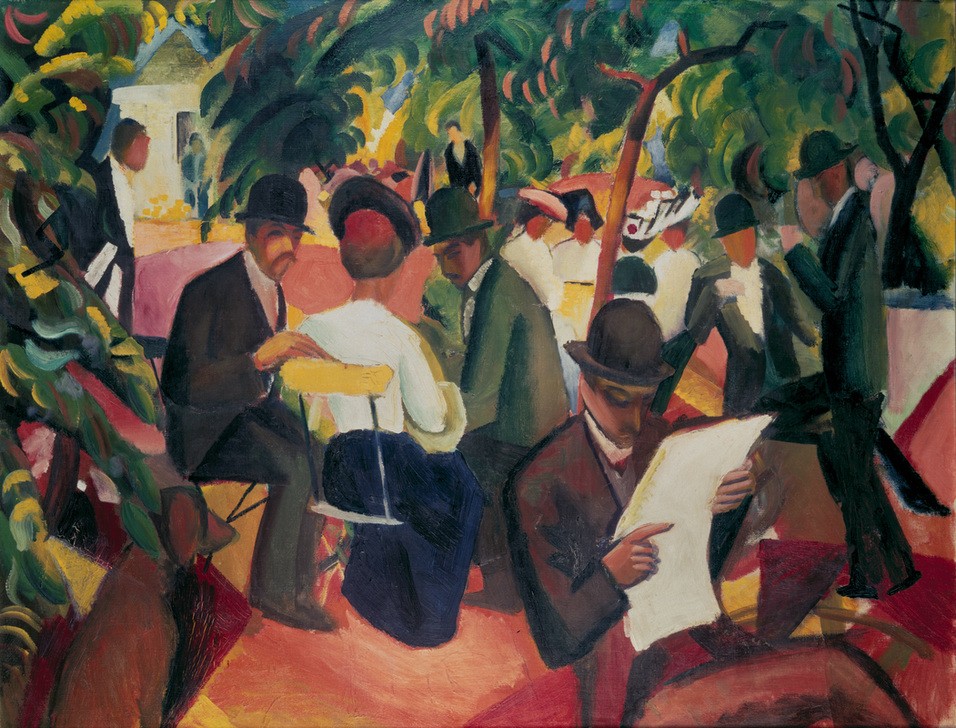 August Macke, Gartenrestaurant (Deutsche Kunst,Gartenwirtschaft,Gastronomie,Kunst,Leser,Freizeit,Expressionismus,Lesen (Allgemein),Der Blaue Reiter,Im Freien (Allgemein),Zeitungsleser)