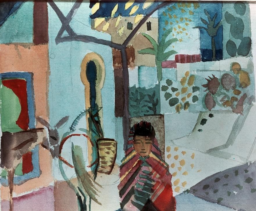 August Macke, Mädchen mit Pferd und Esel (Deutsche Kunst,Kind,Kunst,Mädchen,Pferd (Tier),Strassenszene,Völkerkunde,Esel,Orientalismus,Expressionismus,Der Blaue Reiter,Exotik,Tier,Land Und Leute,Garten,Die Tunisreise)