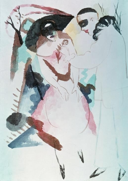 August Macke, Pierrot und Dame (Deutsche Kunst,Feste,Kalenderfeste,Rose,Kostüm (Verkleidung),Expressionismus,Komödie,Der Blaue Reiter,Kavalier (Person),Pierrot,Paar,Karneval)