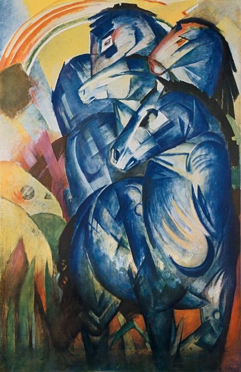 Franz Marc, Der Turm der blauen Pferde (Malerei, Expressionismus, Pferde, Turm der Pferde, Landschaft, Regenbogen, Tiere, figurativ, klassische Moderne, Wohnzimmer, Treppenhaus, blau, Wunschgröße)