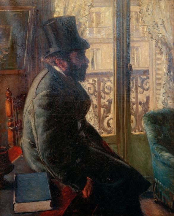 Gustave Caillebotte, Homme en chapeau haut de forme, assis près du fenêtre (Balkon,Buch,Fenster,Herrenhut,Kommode,Kunst,Mann,Mensch,Tür,Wohnung,Zylinder (Hut),Impressionismus,Hut,Bild Im Bild,Portrait,Französische Kunst,Profil,Licht Und Schatten)