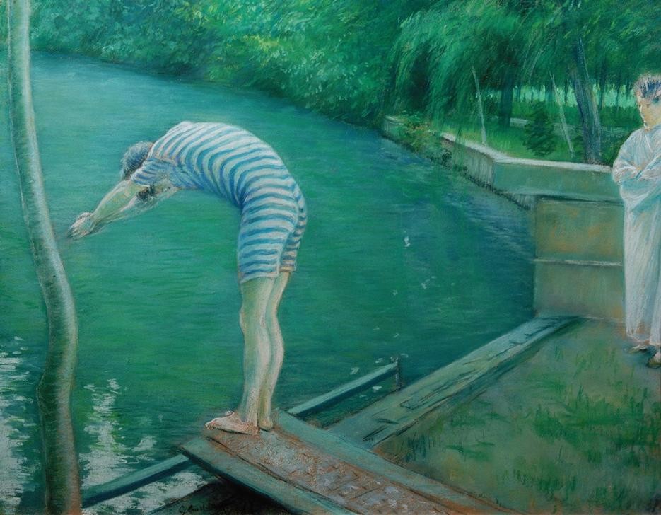 Gustave Caillebotte, Baigneurs (Körperpflege,Bad Im Freien,Bad,Bademode,Kunst,Mann,Schwimmer,Impressionismus,Fluss,Französische Kunst,Badeanzug,Kopfsprung,Streifen,Flussbad)