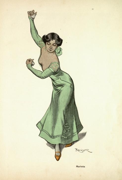 Ferdinand von Reznicek, Marietta (Ausdruckstanz,Frau,Jugendstil,Kastagnetten,Tänzerin,Tanz,Volkskunde,Dekollete,Kostüm (Verkleidung),Österreichische Kunst,Pose,Land Und Leute)
