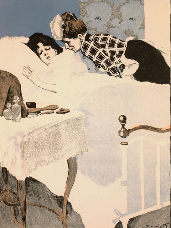 Ferdinand von Reznicek, Wenn ma s’ so nett da schlafen siecht, glaubet ma ‘s gar net, daß s’ so a Mistviech ist, unsa gnädiges Freil’n. (Bett,Jugendstil,Österreichische Kunst,Wecken (Aufwecken),Dienstmädchen,Schlafen (Schlaf))