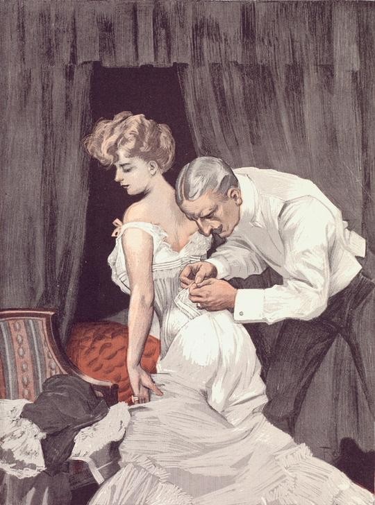 , Argwohn. / Sonderbar, heute früh war es ein Knoten, und jetzt ist es eine Schleife (Ehepaar,Jugendstil,Schlafzimmer,Bürgertum,Misstrauen,Österreichische Kunst,Gesellschaftskritik,Entkleiden,Frivolität)