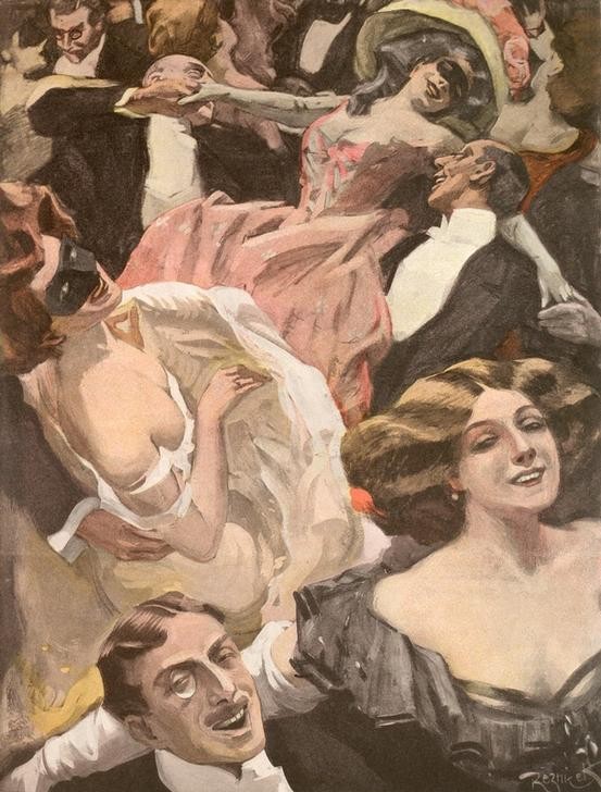 Ferdinand von Reznicek, Changez les dames (Ball (Gesellschaft),Feste,Gesellschaftstanz,Jugendstil,Masken- Und Kostümbälle,Mode,Monokel,Tanz,Dekollete,Österreichische Kunst,Partnerwechsel,Ausgelassenheit,Frivolität,Maske (Gegenstand),Frisur,Freizügigkeit)