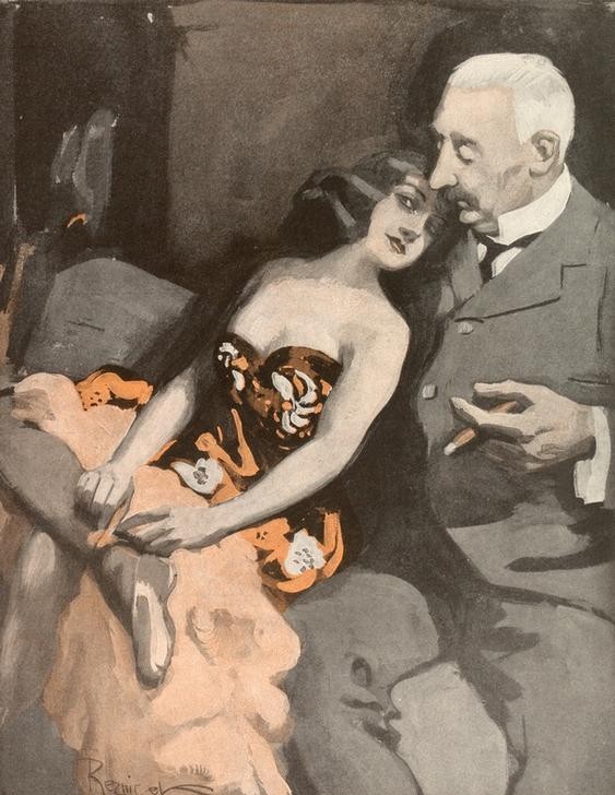 Ferdinand von Reznicek, Heiraten willst du mich, Dickerchen? Ach geh, kauf mir lieber einen Abendmantel! (Jugendstil,Liebespaar,Tänzerin,Ungleiches Paar,Zigarre,Rauchen,Dekollete,Österreichische Kunst,Einseitige Liebe,Halbwelt,Frivolität)