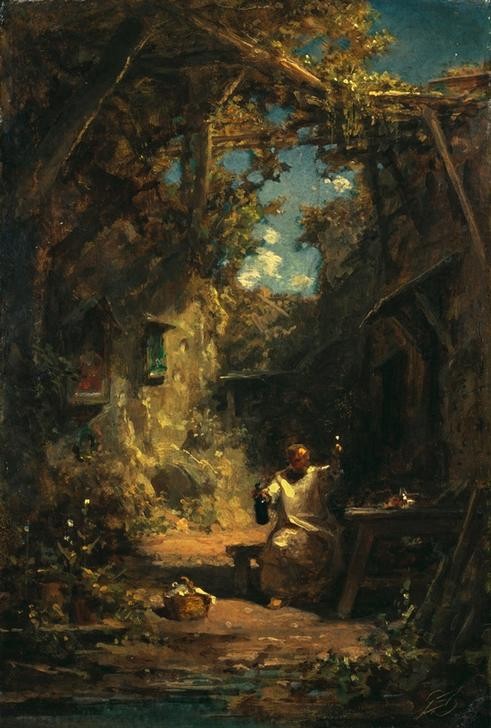 Carl Spitzweg, Mönch bei der Weinprobe (Deutsche Kunst,Mönch,Lebensfreude,Klostergarten,Weinprobe)