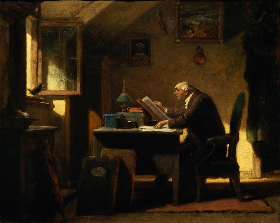 Carl Spitzweg, Ein Besuch (Arbeitszimmer,Buch,Deutsche Kunst,Gelehrter,Leser,Schreibtisch,Vogel,Biedermeier,Tierliebe,Dachwohnung,Fenster (Geöffnet))