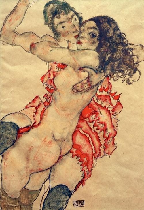 Egon Schiele, Zwei Freundinnen (Erotik,Frau,Pornographie,Lesbische Liebe,Homosexualität,Akt,Kuss,Expressionismus,Umarmung,Österreichische Kunst,Erotische Kunst,Sexualität)