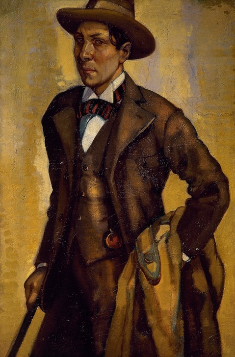 Gustavo de Maeztu Whitney, Selbstportrait (Maler, Mann, Selbstbildnis, Regenmantel, Bekleidung, Spazierstock, Hut, Eleganz, Klassische Moderne, Treppenhaus, Wohnzimmer,)
