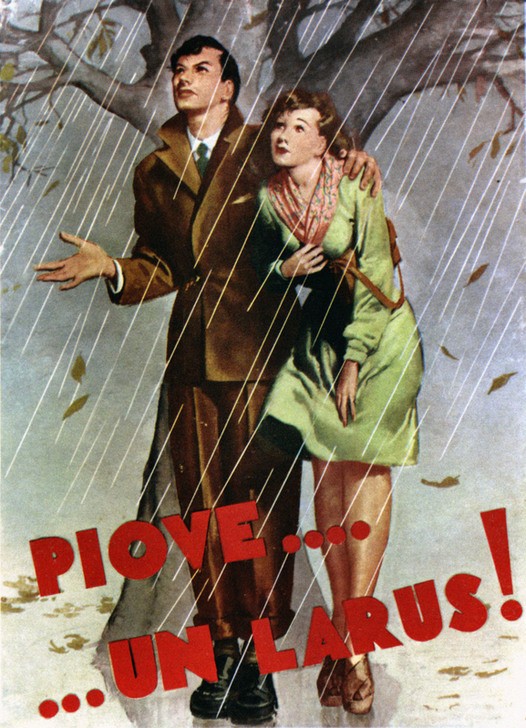 Gino Boccasile, Unbekannt (Herbst, REgen, Paar, Nässe, Wind, schutzlos, Werbung, Plakatkunst, Nostalgie, Wunschgröße, Treppenhaus, Wohnzimmer)