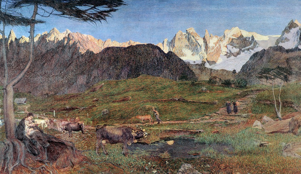 Giovanni Segantini, Life - Trittico of the nature (Panorama, Landschaft, Berge, Gebirge, Kühe, Idylle, Natur, Frau mit Säugling,  Realismus, Malerei, klassische Moderne, Wunschgröße, Wohnzimmer)