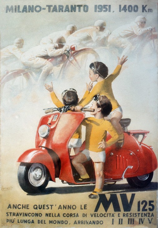 Gino Boccasile, Unbekannt (Kinder, Jungen, Vespa, Motorroller, Radsport, Radrennen, Sport, Werbung, Plakatkunst, Nostalgie, Wunschgröße)