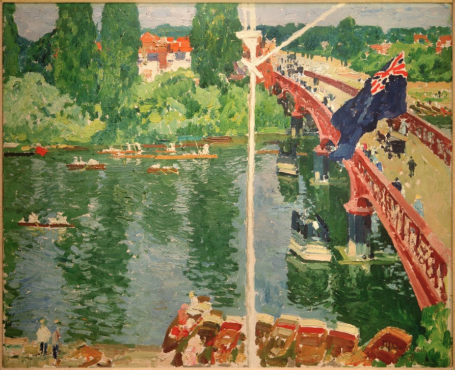 Max Clarenbach, Sonntag bei Hampton Court (ARCHITEKTUR, BOOT, BRÜCKE, DEUTSCHE KUNST, FLAGGE, GEOGRAPHIE, KUNST, MENSCH, SCHIFF, STADT, SONNTAG, IMPRESSIONISMUS, FLUSS, STADTANSICHT, ARCHITEKTURDARSTELLUNG, ANSICHT, FEIERTAG, FAHNENMAST, UNION JACK, FLUSSCHIFFAHRT, TOPOGRAPHIE, WOCHENENDE, FAHNE,)