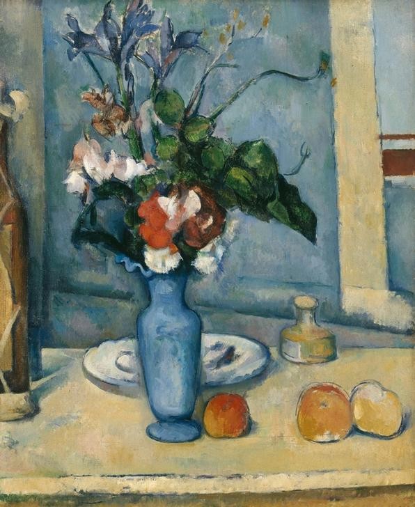 Paul Cézanne, Le vase bleu (Botanik,Kunst,Obst,Impressionismus,Stillleben,Blumenstrauss,Vase,Teller,Französische Kunst,Blau)