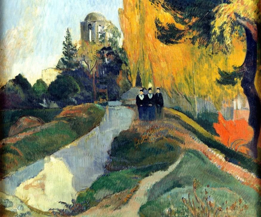 Paul Gauguin, Les Alyscamps (Paysage ou Les Trois Grâces au temple de Vén (Garten Und Park,Geographie,Gewässer,Landschaft,Menschen Im Park,Park,Französische Kunst,Topographie,Synthetismus,Ausschnitt)