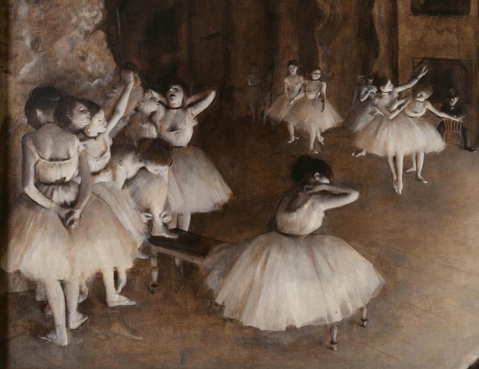 Edgar Degas, Répétition d’un ballet sur la scène (Ballett,Kunst,Musik,Tänzerin,Tanz,Theater,Impressionismus,Bühne,Probe,Französische Kunst,Ballerina,Spitzentanz,Tutu (Ballett),Ausschnitt)