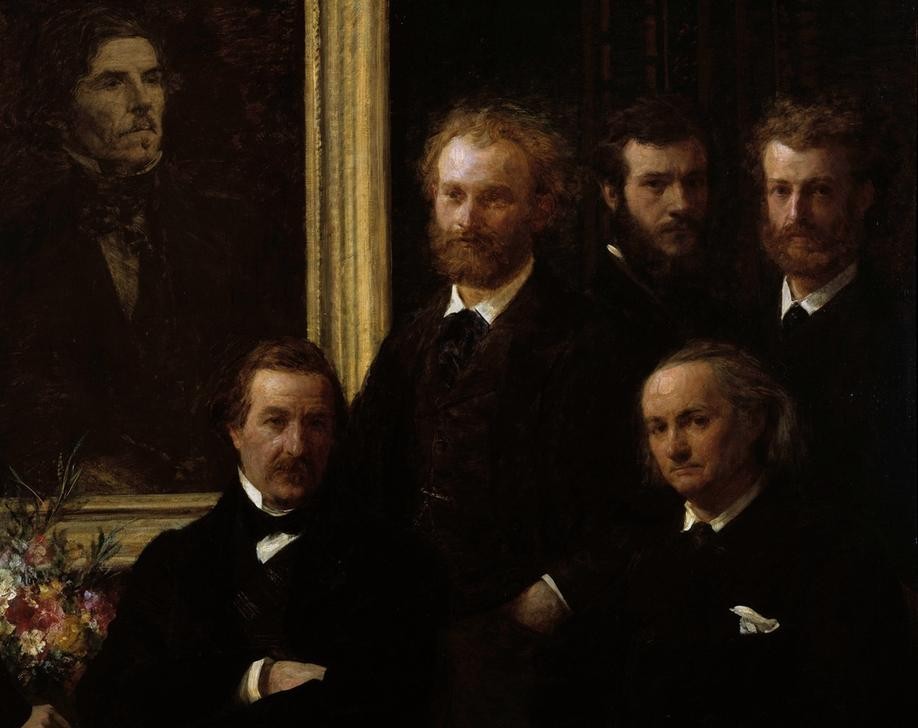 Henri Fantin-Latour, Hommage a Delacroix (Atelier,Dichterleben,Gruppenbild,Künstlerleben,Künstler,Kunst,Literatur,Maler (Künstler),Bild Im Bild,Realismus,Portrait,Künstlervereinigung,Französische Kunst,Herrenrunde,Hommage)