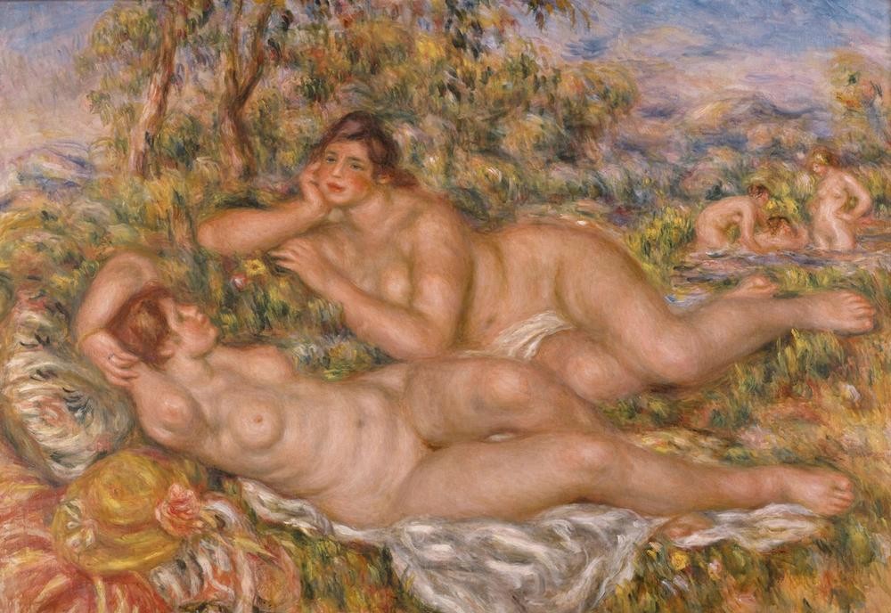 Pierre-Auguste Renoir, Les baigneuses (Ausflug,Bad Im Freien,Bad,Erotik,Fettleibigkeit,Frau,Landschaft,Mädchen,Maler (Künstler),Freizeit,Schwimmen,Sport,Urlaub,Wasser,Impressionismus,Akt,Portrait,Sonnenbad,Französische Kunst,Paar,Leben,Frauenleben,Kopf,Freundin,Sinnlichkeit,Vier Elemente)