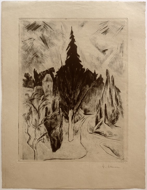 Heinrich Nauen, Park am Morgen (Deutsche Kunst,Garten Und Park,Haus,Kunst,Landschaft,Park,Tageszeiten,Morgen,Baum,Expressionismus,Weg,Signatur)