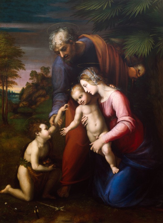 Raffael, Die Heilige Familie mit dem kleinen Johannes (Renaissance,Heilige Famiie, Kinder, Jesus, Johannes, Landschaft, Religion, Christentum, Klassiker, Schlafzimmer, Wohnzimmer, Malerei, Wunschgröße, bunt)