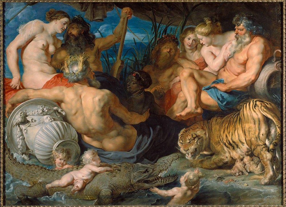 Peter Paul Rubens, Die vier Weltteile (Flämische Kunst,Geographie,Kind,Krokodil,Zoologie,Barock,Akt,Allegorie,Tiger,Niederländische Kunst,Kontinent,Tier,Muttertier,Säugen,Vier Weltteile,Personifizierung)