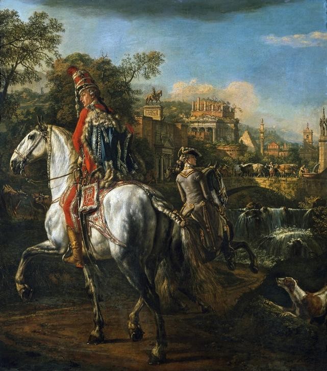 Bernardo Bellotto, Reiterbildnis eines Husarenoffiziers (Brücke, Landchaft, Reiter, Capriccio (Malerei),  Militär, Offizier, Ruinen, Soldat, Wasserfall, historisch, Rokoko, Malerei, Wohnzimmer, Wunschgröße, Klassiker, bunt)