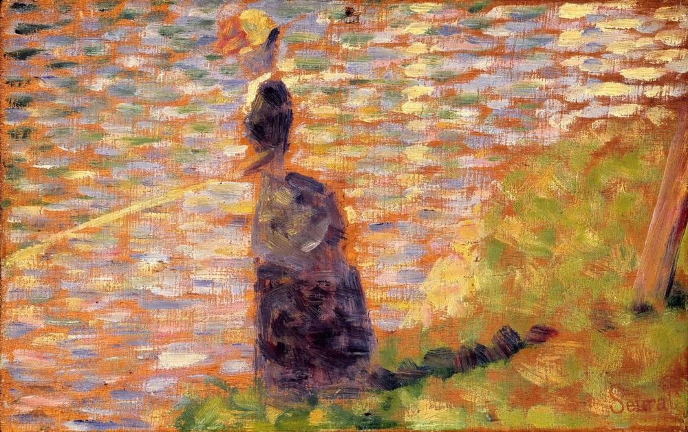 Georges Seurat, Pêcheuse à la ligne au bord de la Seine (Angeln (Sport),Frau,Kunst,Freizeit,Sonntag,Impressionismus,Fluss,Pointillismus,Reise,Französische Kunst,Ufer,Frauenleben,Stadtleben)