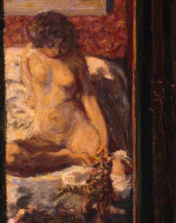 Pierre Bonnard, L’Homme et la femme (Bett,Erotik,Frau,Katze (Tier),Kunst,Liebe,Liebespaar,Mann,Mensch,Schlafzimmer,Impressionismus,Akt,Paravent,Französische Kunst,Erotische Kunst,Haustier,Sexualität,Frau Und Tier,Tier,Nabis,Jahrhundertwende,Kommunikationslosigkeit,Post Coitum,Ausschnitt)