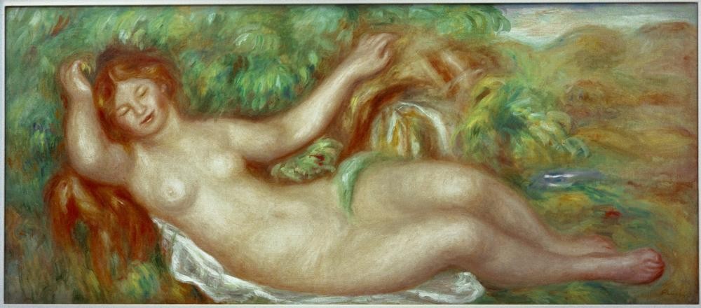 Pierre-Auguste Renoir, Liegender Akt (Die Quelle) (Frau,Maler (Künstler),Nymphe,Impressionismus,Akt,Quelle,Französische Kunst,Rote Haare,Jahrhundertwende,Junge Frau,Liegen)