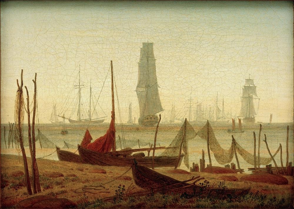 Caspar David Friedrich, Mittag (Boot,Deutsche Kunst,Küste,Landschaft,Schiff,Segelschiff,Strand,Fischerboot,Tageszeiten,Mittag,Meer,Romantik,Schifffahrt)