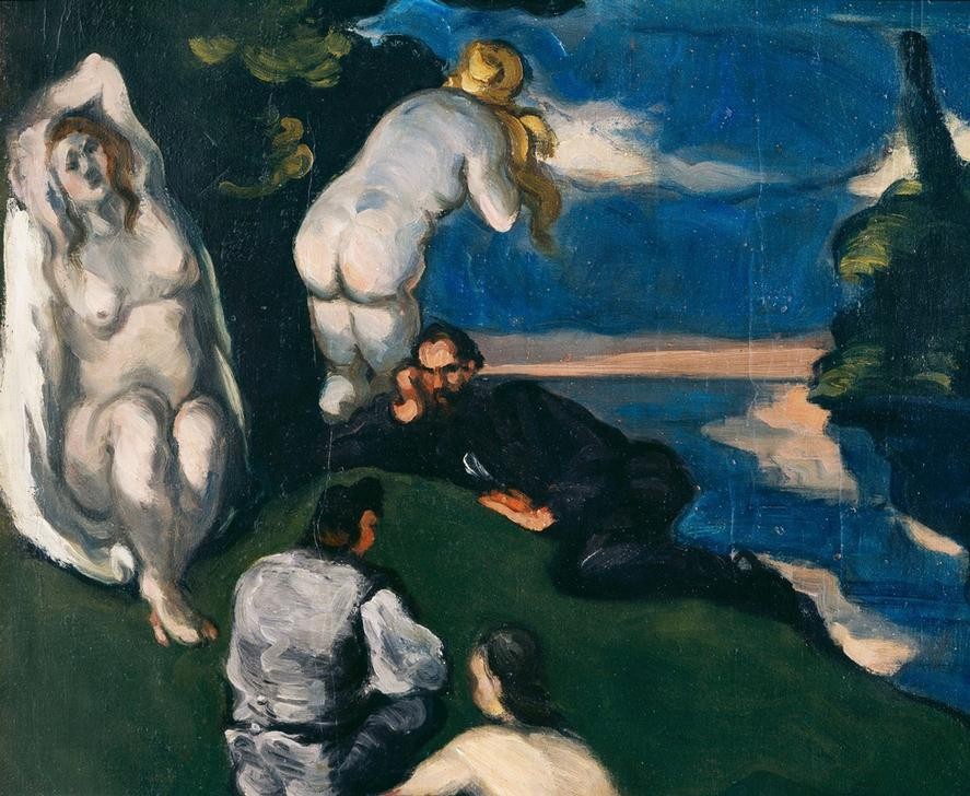 Paul Cézanne, Pastorale (Ausflug,Körperpflege,Bad Im Freien,Bad,Frau,Gruppenbild,Landschaft,Mädchen,Mann,Picknick,Rast,Freizeit,Schiff,Schwimmen,Sport,Wasser,Wein,Impressionismus,Segelboot,See,Akt,Portrait,Französische Kunst,Idylle,Leben,Kopf,Ausschnitt,Vier Elemente)