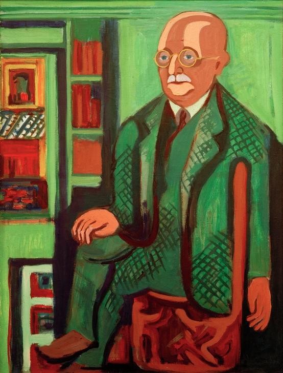 Ernst Ludwig Kirchner, Bildnis Dr. Hagemann (Brille,Deutsche Kunst,Kunstsammler,Mann,Mensch,Optik,Glatze,Portrait,Expressionismus,Mäzen,Die Brücke,Sitzen,Ganzfigurig)