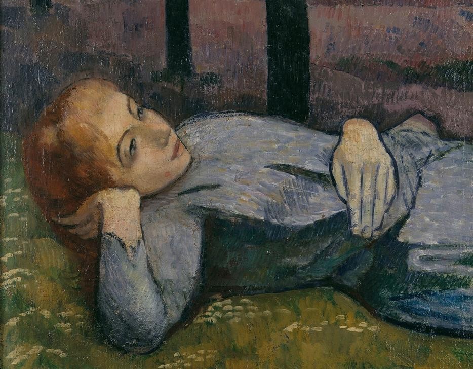 Emile Bernard, Madeleine au Bois d’Amour (Mädchen, Träumerin, verliebt, Wald, Schule von Pont-Aven,  Malerei, Cloisonismus, Klassische Moderne,  Wohnzimmer, Wunschgröße, bunt)