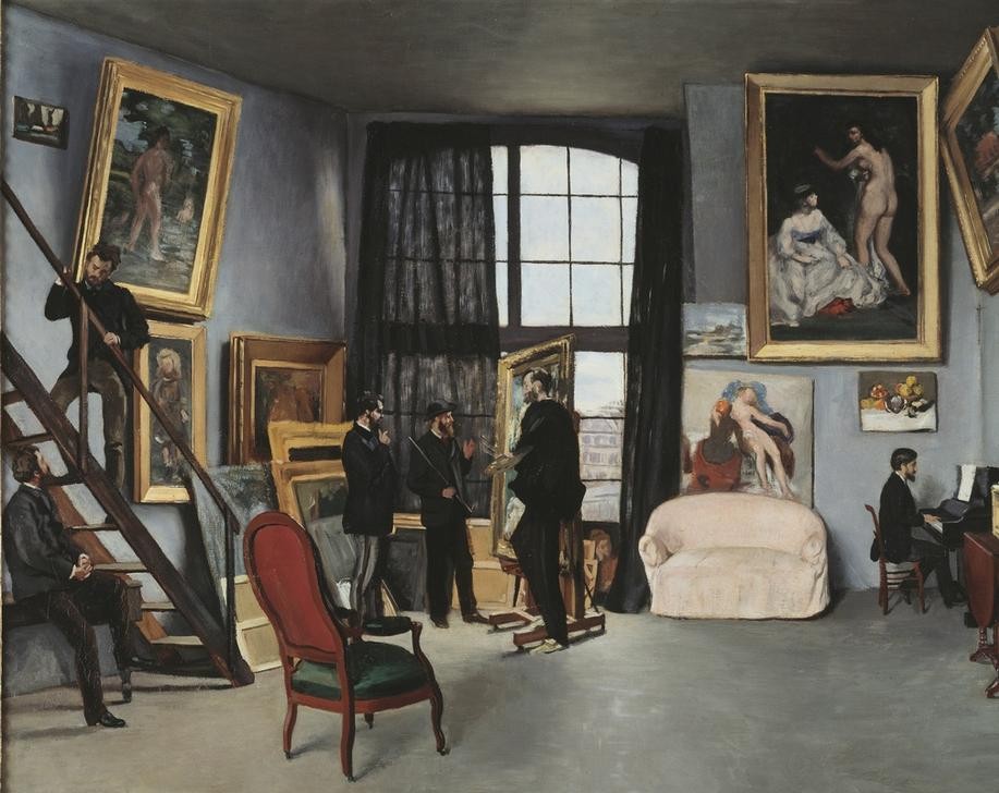 Frederic Bazille, L’atelier de Bazille (Atelier,Besuch,Fenster,Herrenmode,Künstlerleben,Künstler,Maler (Künstler),Möbel,Treppe,Staffelei,Bild Im Bild,Klavier,Interieur,Künstlerhaus (Wohnhaus),Sofa,Französische Kunst,Herrenrunde,Wohlstand,Sessel,Stuhl,Kommunikation,Klapptisch,Klavierspiel,Gesell)