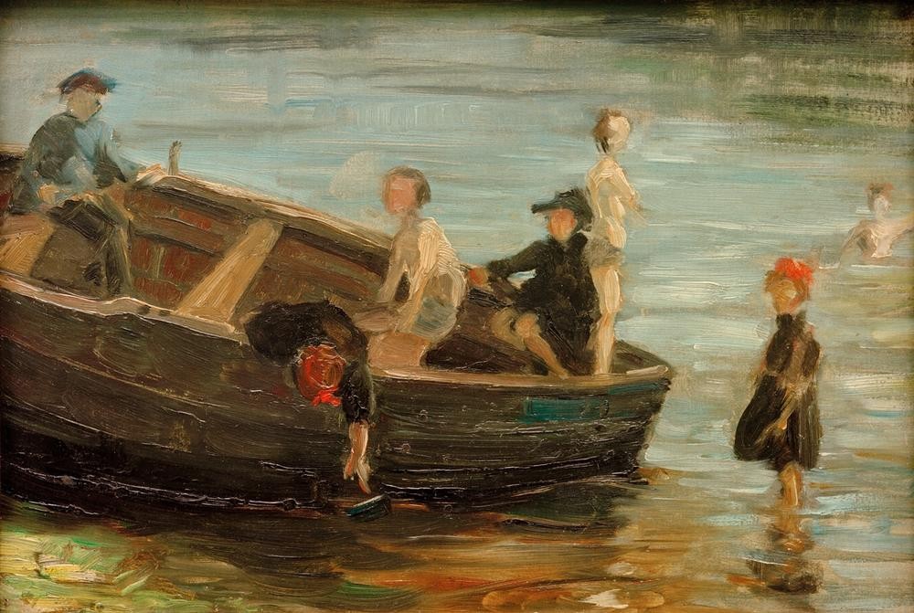 Franz Marc, Kinder im Boot (Bad Im Freien,Boot,Deutsche Kunst,Gewässer,Kind,Kunst,Impressionismus,Der Blaue Reiter,Kinderleben,Jahrhundertwende,Schifffahrt)