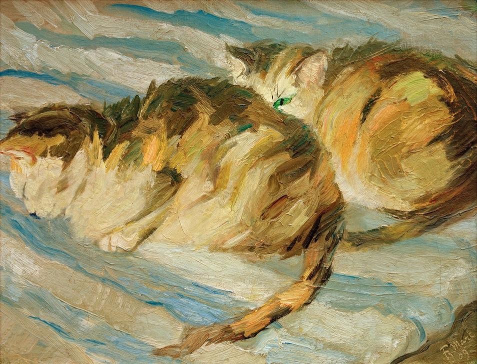 Franz Marc, Zwei graue Katzen (Katzenstudie II) (Deutsche Kunst,Katze (Tier),Kunst,Zoologie,Der Blaue Reiter,Studie,Haustier,Tierleben,Tier,Liegen,Privatsammlung,Schlafen (Schlaf),Decke (Textil))