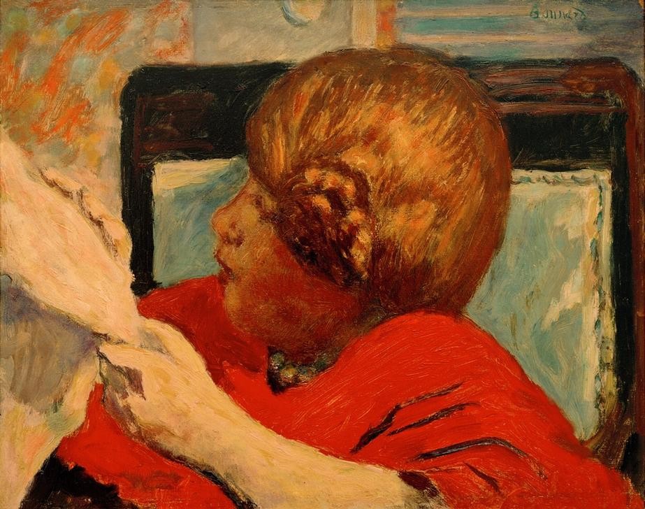 Pierre Bonnard, Lesende (Buch,Kind,Leser,Literatur,Mädchen,Impressionismus,Portrait,Französische Kunst,Rote Haare,Kinderleben,Profil,Nabis,Leserin,Rot,Schnecke (Frisur))