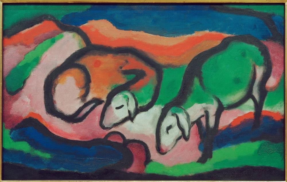 Franz Marc, Schafe (Deutsche Kunst,Kunst,Zoologie,Expressionismus,Der Blaue Reiter,Schaf,Tier,Farbigkeit,Nutztier,Farbe)