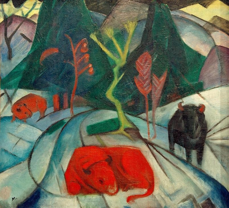 Franz Marc, Bison im Winter (Roter Bison) (Deutsche Kunst,Jahreszeiten,Kunst,Landschaft,Winter,Zoologie,Schnee,Expressionismus,Der Blaue Reiter,Tier,Monogramm,Bison)
