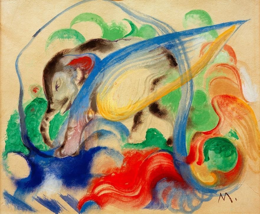 Franz Marc, Fabeltier (Grauer Elefant) (Elefant, abstrahiert, abstrakte Formen, Wellen, Farben, klassische Moderne, Expressionismus, Wohnzimmer, Treppenhaus, Wunschgröße)