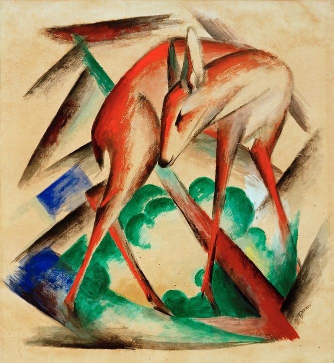 Franz Marc, Reh (Rotes Reh) (Reh, Wild, Tier, filigran, klassische Moderne, Expressionismus, Wohnzimmer, Treppenhaus, Wunschgröße)