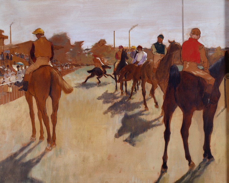 Edgar Degas, Le défilé, dit aussi Chevaux de course devant les tribunes (Gesellschaftliches Leben,Gesellschaft,Pferdesport,Pferd (Tier),Rennbahn,Sport,Impressionismus,Reiter,Jockey,Französische Kunst,Pferderennen,Zuschauen,Zuschauer,Reitpferd,Defilee,Ausschnitt,Tribüne (Konstruktion))