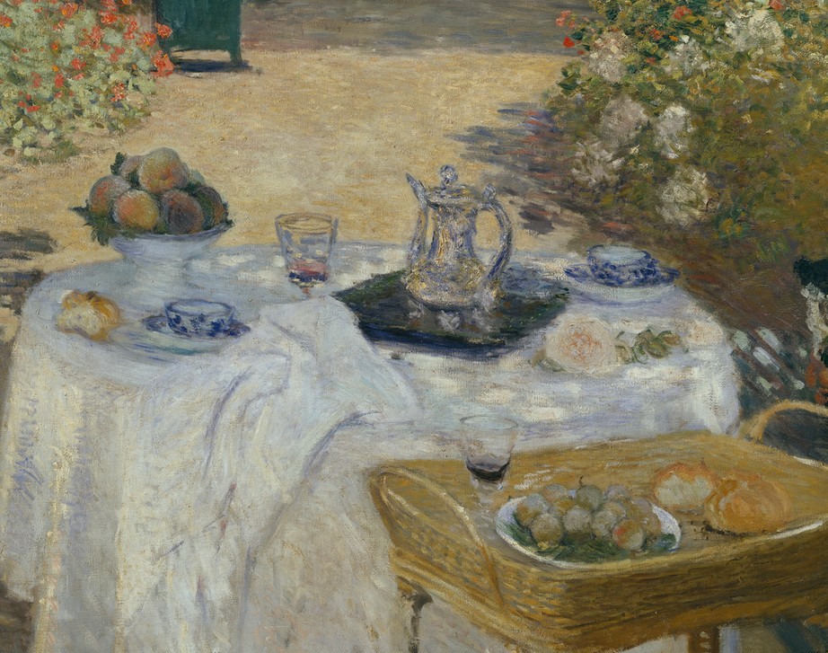 Claude Monet, Le Déjeuner (Botanik,Essgeschirr,Kaffee,Kind,Künstlerleben,Obst,Park,Picknick,Spiel,Tafelsitten,Tageszeiten,Impressionismus,Frühstück,Schatten,Gartenmöbel,Hausgarten,Mittagessen,Tischtuch,Künstlerhaus (Wohnhaus),Französische Kunst,Harmonie,Bauklötze,Menschen Im Garten)
